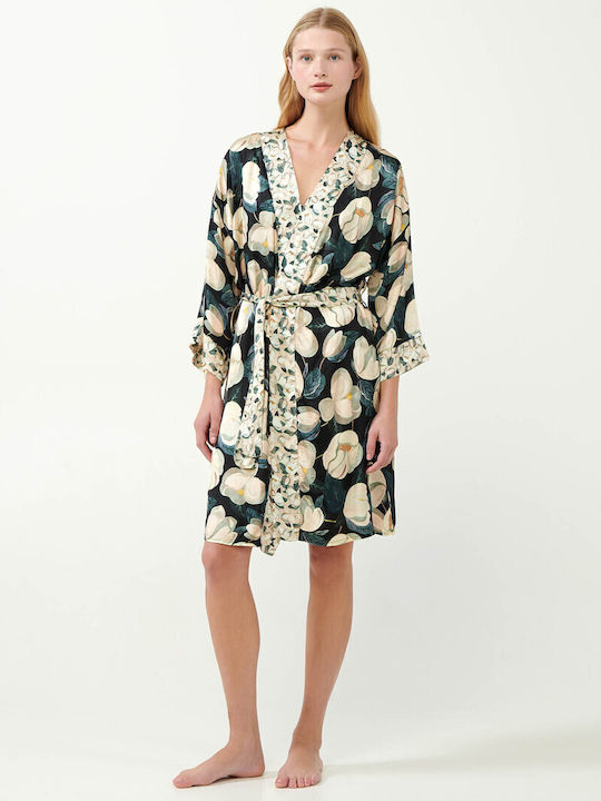 Damen Bademantel Vamp Wickelgürtel Blumenmuster Regular Fit Viskose Satin