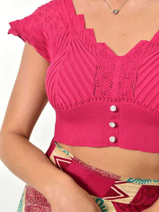 Potre Damen Crop Pullover mit V-Ausschnitt Fuchsia