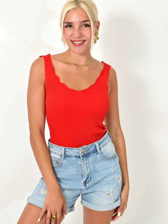 Potre Damen Crop Pullover mit V-Ausschnitt Red