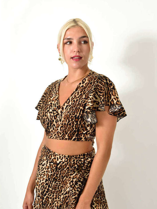 Potre Damen Bluse mit V-Ausschnitt Tierdruck Animal Print