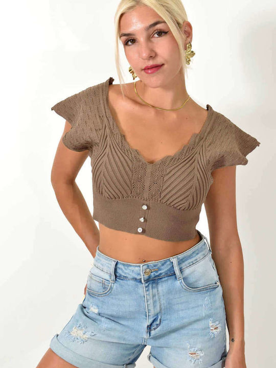 Potre Women's Crop Sweater with V Neckline Cigar