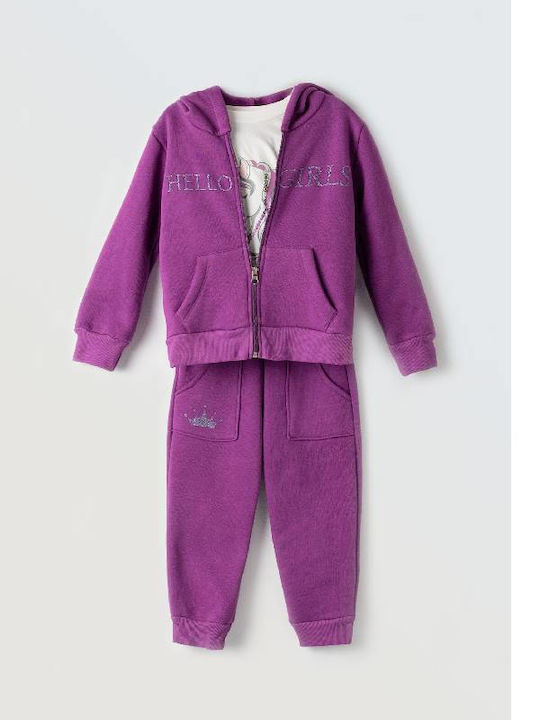 Kids Sweatpants Set With Jacket Violet 3 Pieces Hello Girls