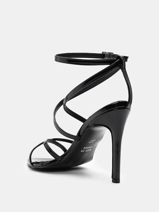 Luigi Synthetic Leather Women's Sandals with Ankle Strap Black with High Heel