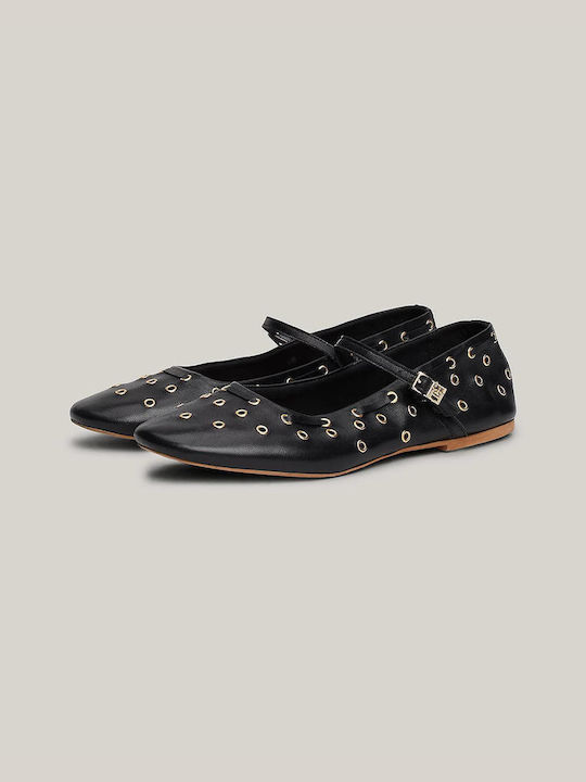 Synthetic Leather Pointy Ballerinas With strap Black