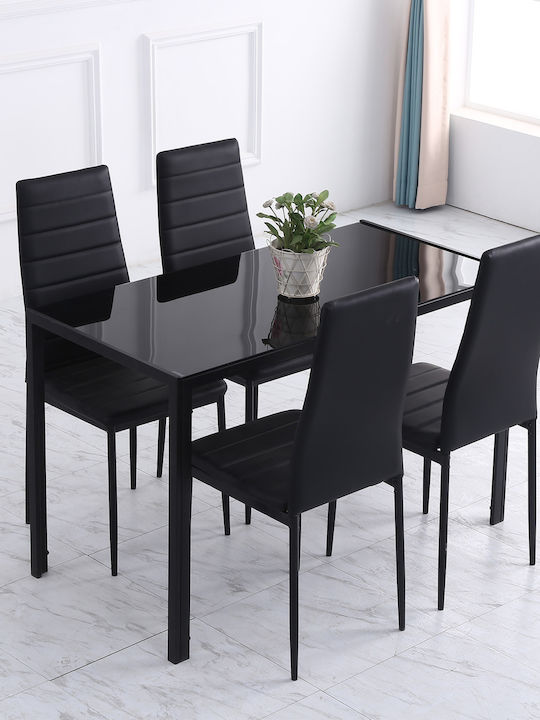 Table Kitchen with Glass Surface Black Velvet-Black Metal 120x60x75cm