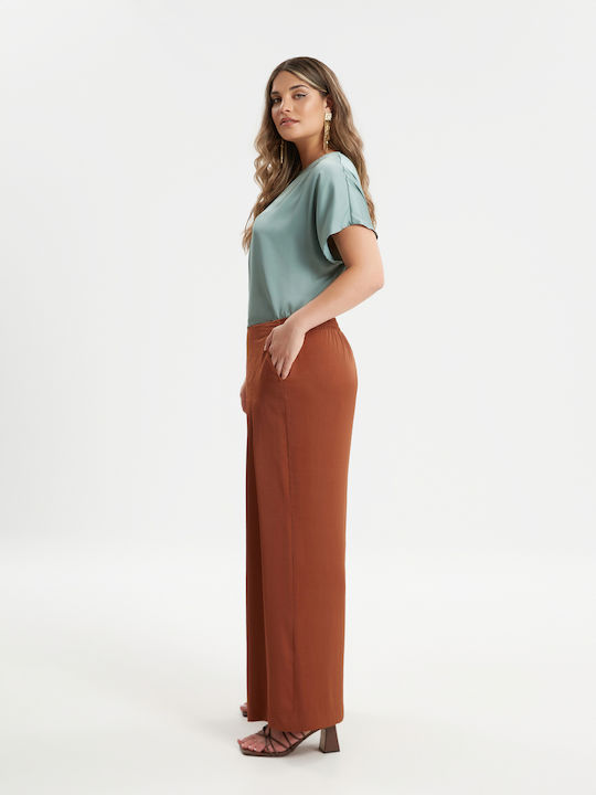 Mat Fashion Women's Satin Trousers with Elastic Brown