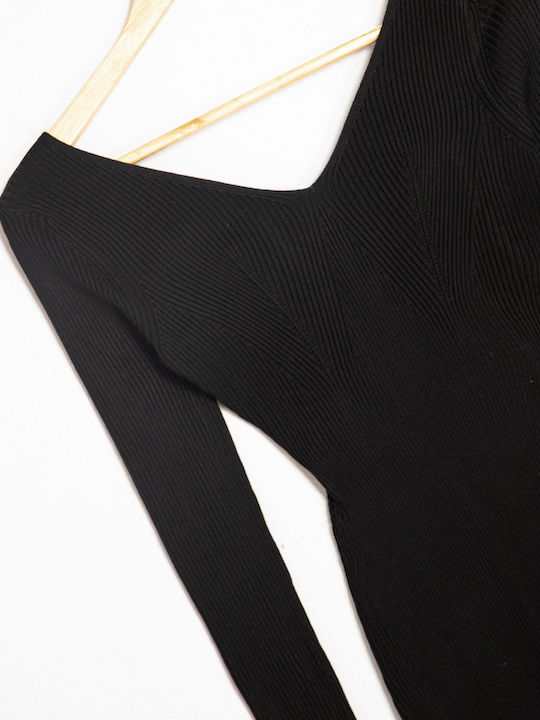 Πλεκτό Φόρεμα Maxi V Neck Μαύρο Μαύρο