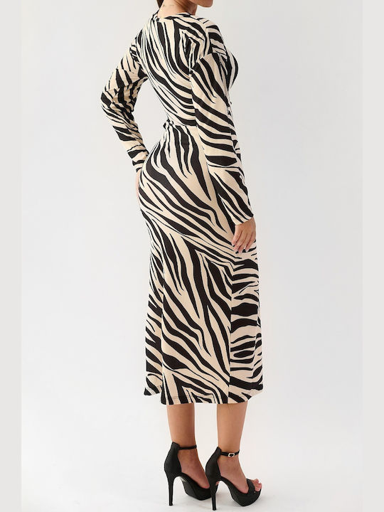 Rea Beige Ribbed Maxi Zebra Dress