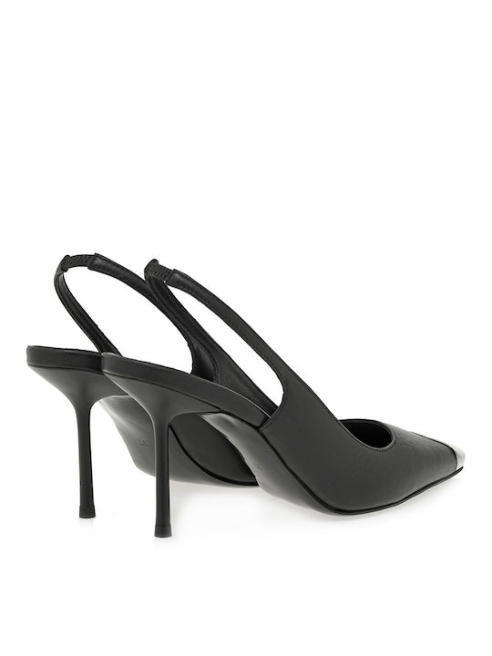 Leather Black High Heels with Strap