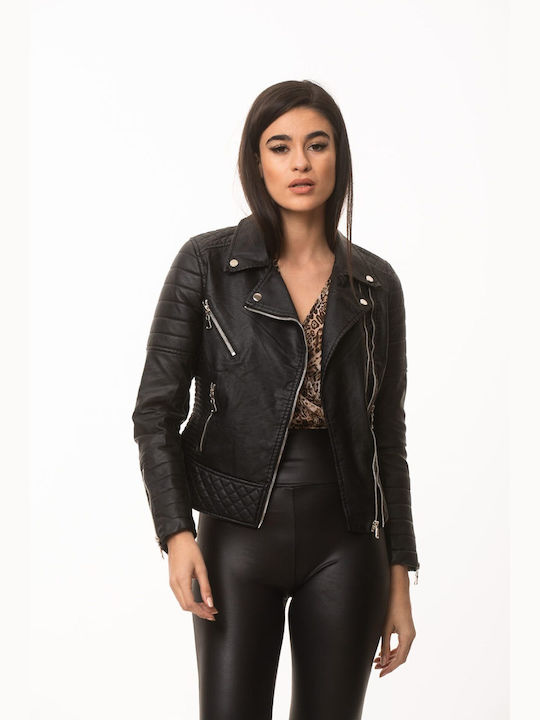 Boutique Women's Short Biker Artificial Leather Jacket for Winter BLACK