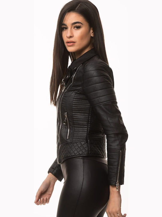 Women's Short Biker Artificial Leather Jacket for Winter Black