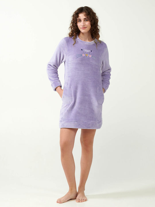 Vamp Χειμερινό Fleece Γυναικείο Νυχτικό Lavender Sweet