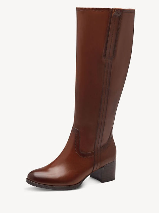 Leather Medium Heel Women's Boots with Zipper Tabac Brown