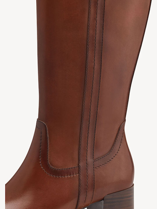 Leather Medium Heel Women's Boots with Zipper Tabac Brown