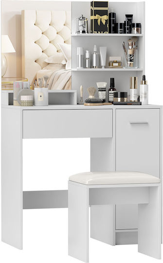 Bodenstehende Schminktisch Schlafzimmer Holz Weiß mit Spiegel & Hocker 80x40x132cm