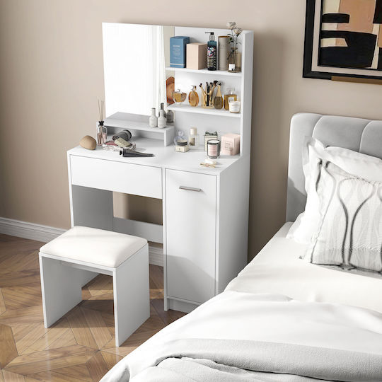 Bodenstehende Schminktisch Schlafzimmer Holz Weiß mit Spiegel & Hocker 80x40x132cm