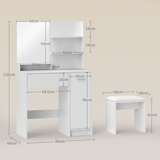 Bodenstehende Schminktisch Schlafzimmer Holz Weiß mit Spiegel & Hocker 80x40x132cm
