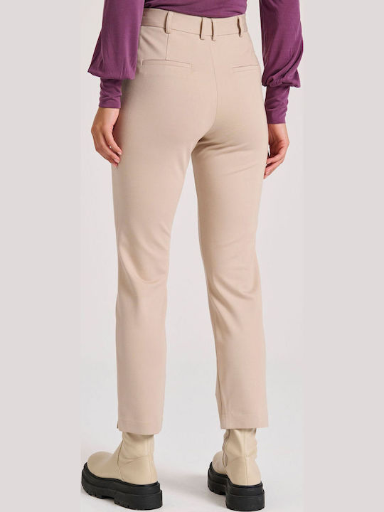 Women's High-waisted Fabric Capri Trousers Regular Fit Beige