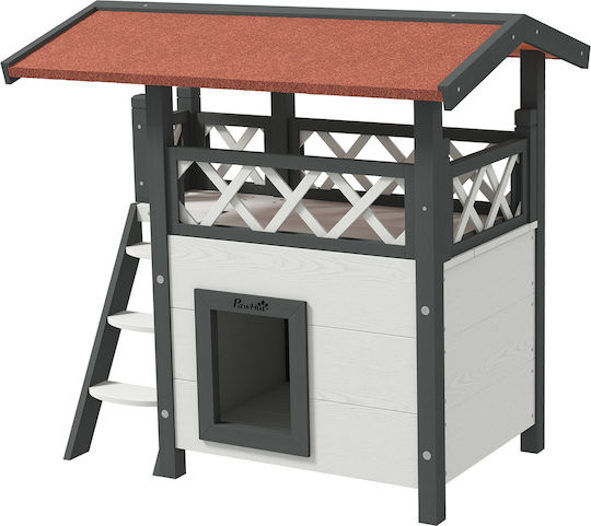 Pawhut Outdoor Cat House Veranda Wooden Ladder 77x50x73cm White Grey
