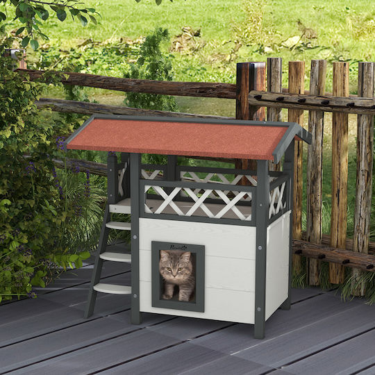 Pawhut Outdoor Cat House Veranda Wooden Ladder 77x50x73cm White Grey