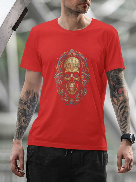 Steampunk Skull Art T-shirt Red Cotton