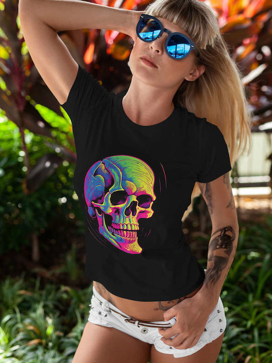 Psychedelic Skull Art T-shirt Μαύρο Βαμβακερό