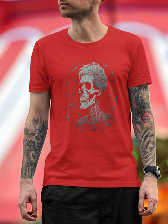 Eerie Skeleton Portrait T-shirt Red Cotton