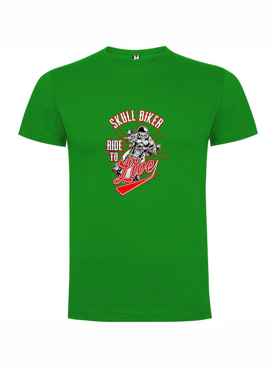 Skull-clad Biker's Awe T-shirt Πράσινο Βαμβακερό