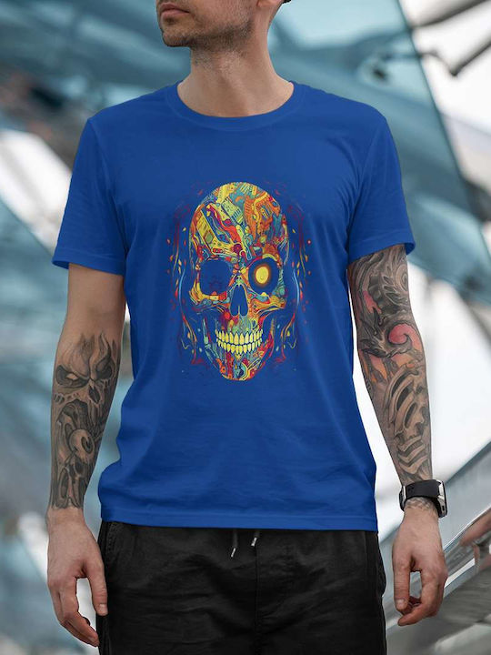 Colorful Tech Skull T-shirt Blue Cotton