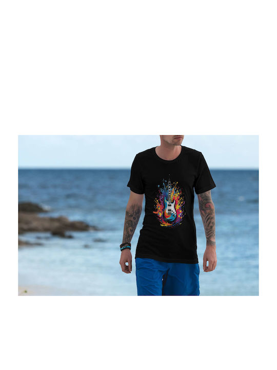 Colorful Electric Guitar Splash T-shirt Black Cotton