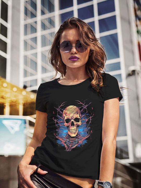 Abstract Skull Art T-shirt Μαύρο Βαμβακερό