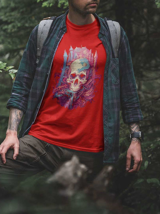 Skull And Fantasy City T-shirt Red Cotton