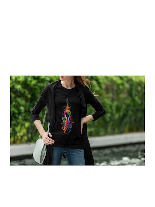 Colorful Electric Guitar Splash Art T-shirt Black Cotton