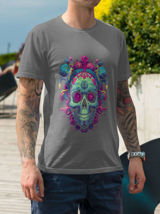 Cyberpunk Skull Artwork T-shirt Gray Cotton