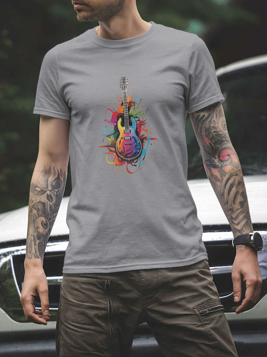 Colorful Electric Guitar Splash Art T-shirt Gray Cotton