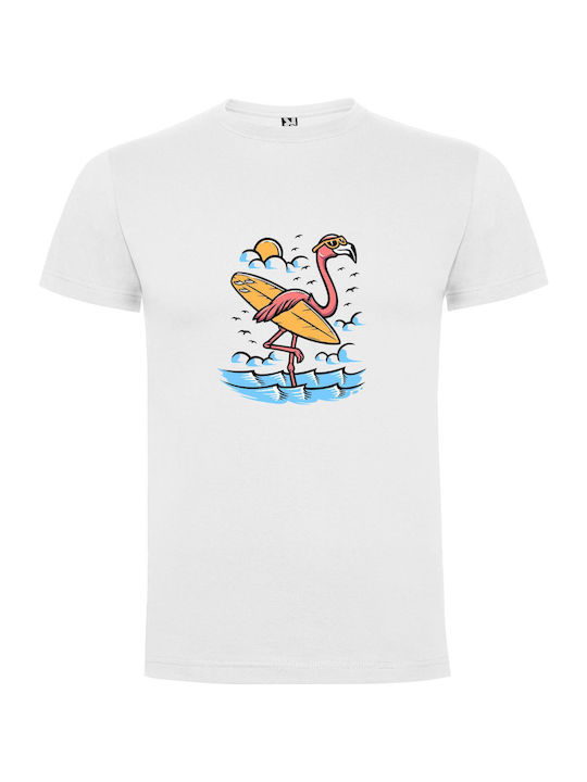 Surfing Flamingo: Retro Delight T-shirt White Cotton