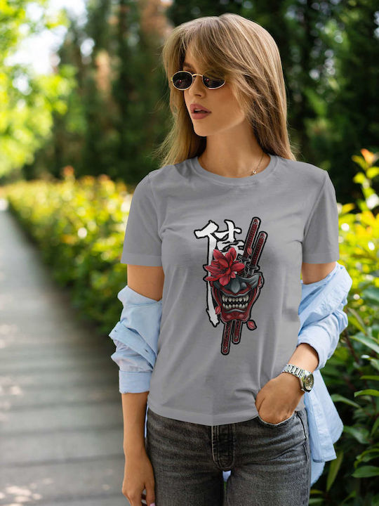 Samurai Mask With Swords And Flower T-shirt Gray Cotton