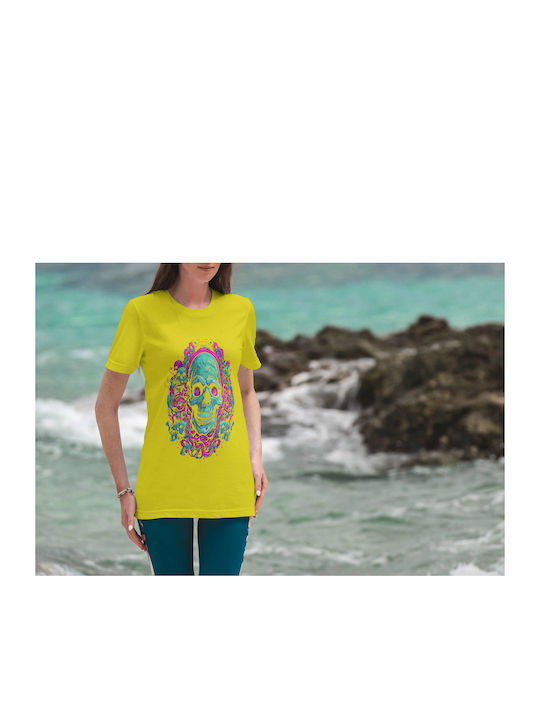 Psychedelic Skull Artwork T-shirt Yellow Cotton