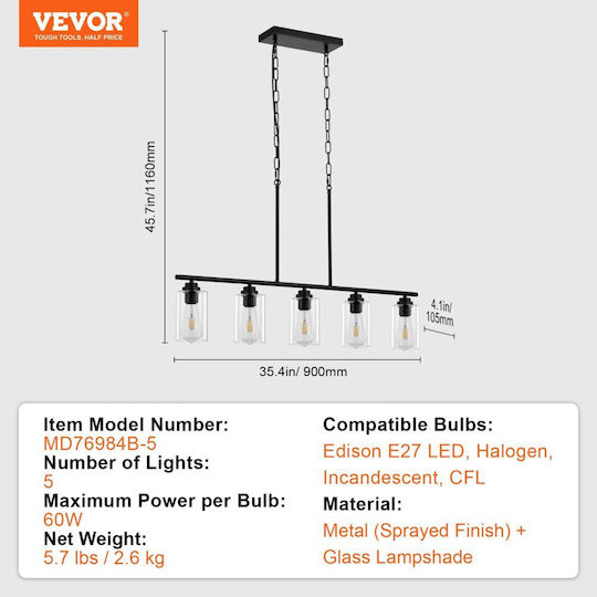 Vevor Hängelampe Schwarz mit Fassung E27