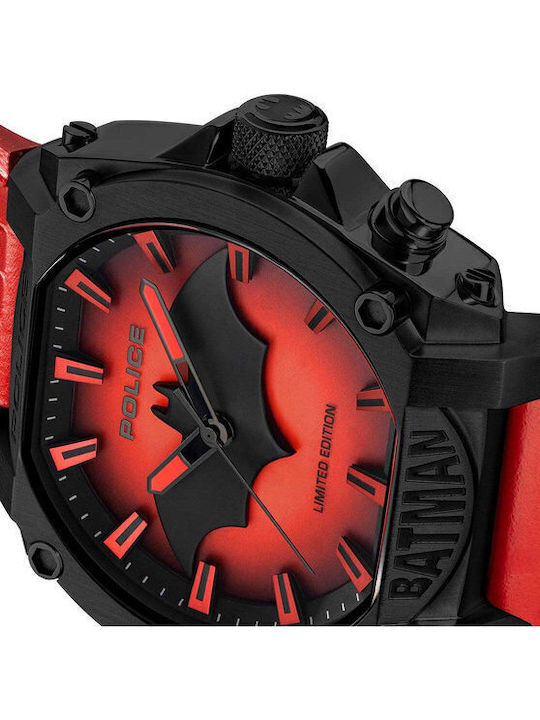Police Batman Men's Watch Battery with Red Leather Strap