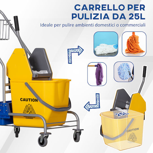 Homcom Cleaning Cart Wringer Bucket 25L Plastic PP Metal Shelf 72x49.5x95 cm Blue Yellow