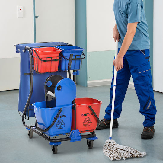 Homcom Reinigungswagen mit Müllsack, 4 Eimer, Mopppresse, 93x80x97 cm, Rot Blau Schwarz