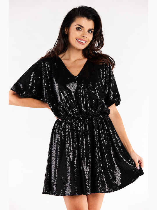 Awama Mini Evening Dress Black A561_BLACK_DOTS