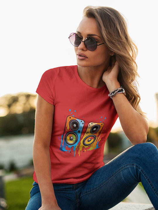 Colorful Splattered Speakers T-shirt Red Cotton