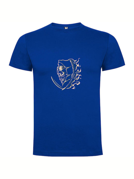 Death's Fiery Scythe T-shirt Blue Cotton