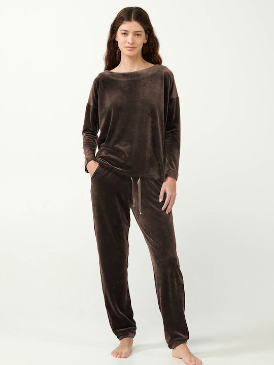 Vamp Winter Damen Pyjama-Set Samt Brown Cocoa