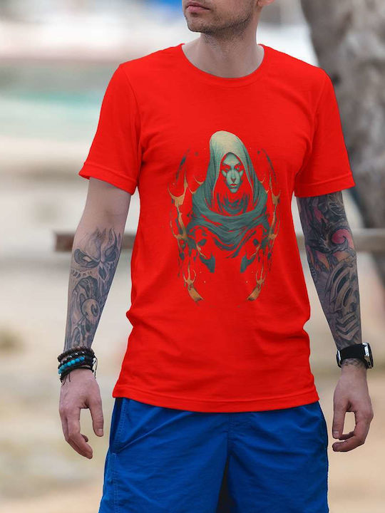 Mysterious Hooded Figure With Fire T-shirt Red Cotton