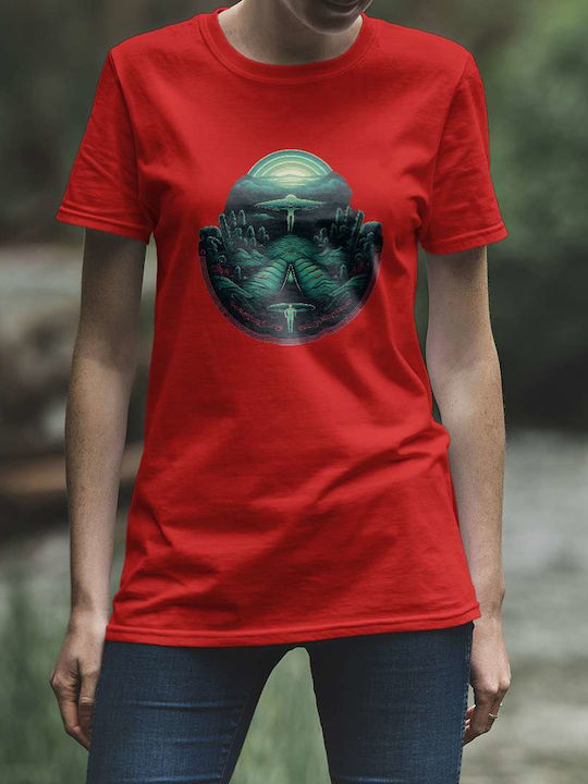 Futuristic Landscape With Ufo T-shirt Red Cotton