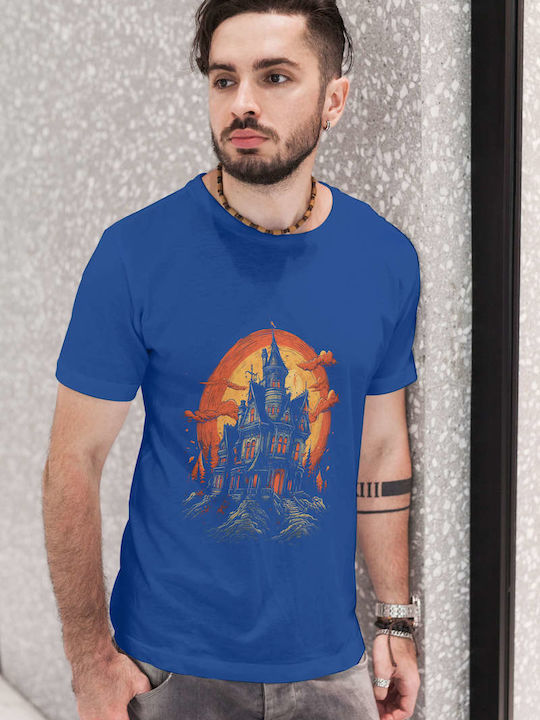 Haunted House Under The Blood Moon T-shirt Blue Cotton