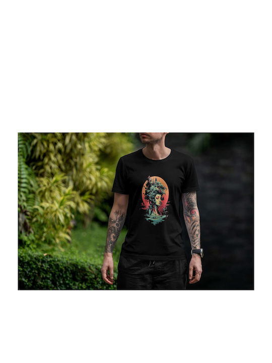 Mystical Landscape With Enchanted Figure T-shirt Black Cotton